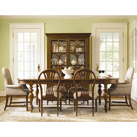 Jefferson Dining Table With Wooden Side Chairs and Upholstered Arm Chairs
